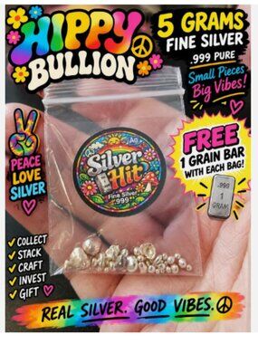 HAPPY HIPPY BULLION BAG! 5 Grams .999 Pure Ag Silver + Free Mini Bar
